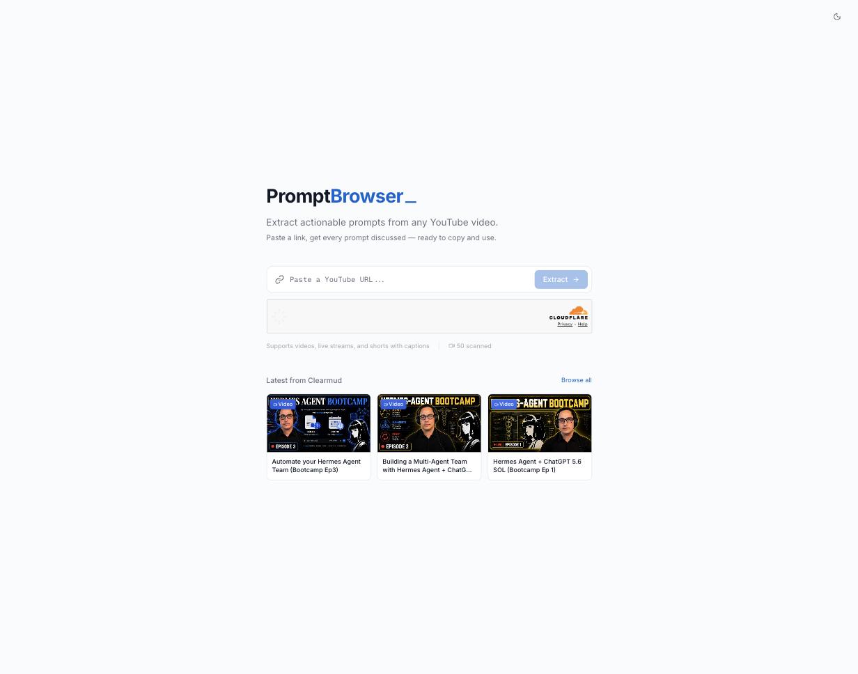 PromptBrowser home page with URL input and latest Clearmud videos