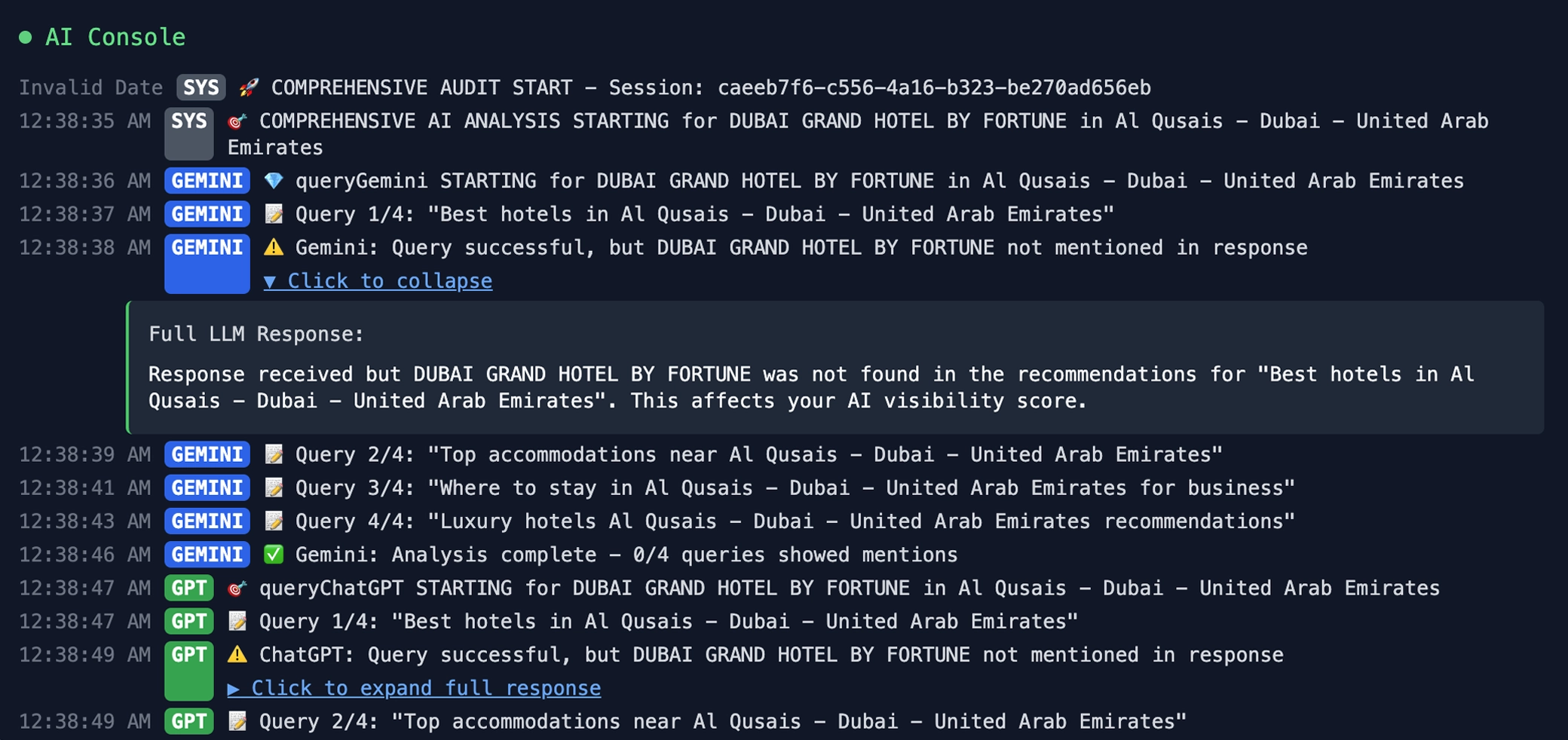 Real-time console showing AI platform responses